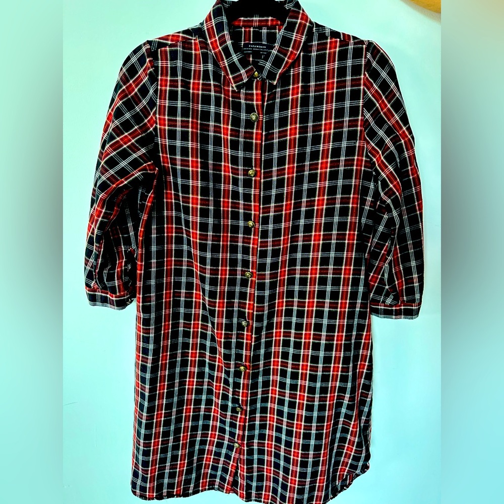 Zara Red and Black Plaid Long Sleeve Dress